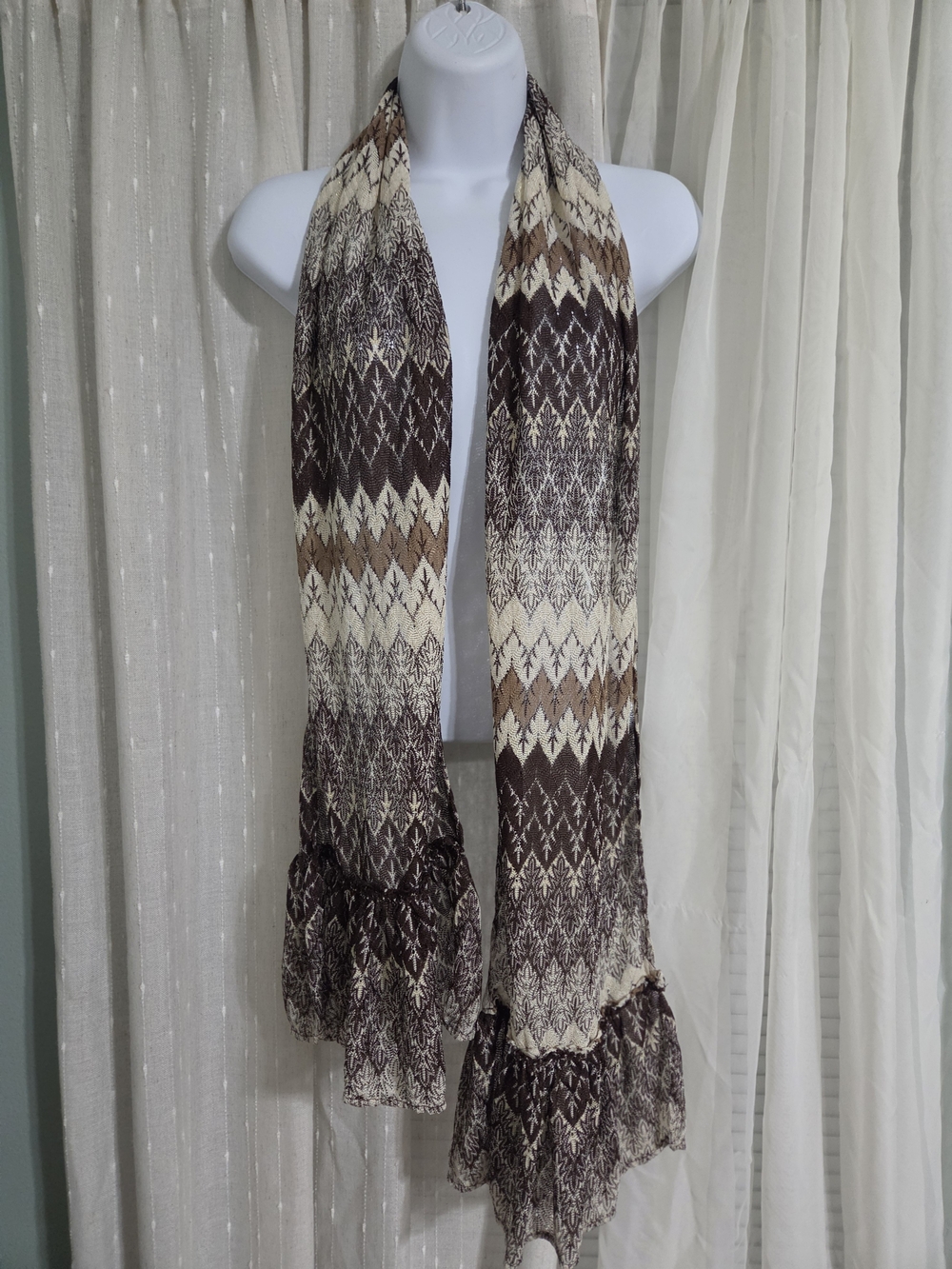 Women’s Brown & Cream Patterned Scarf with Gold Flecks